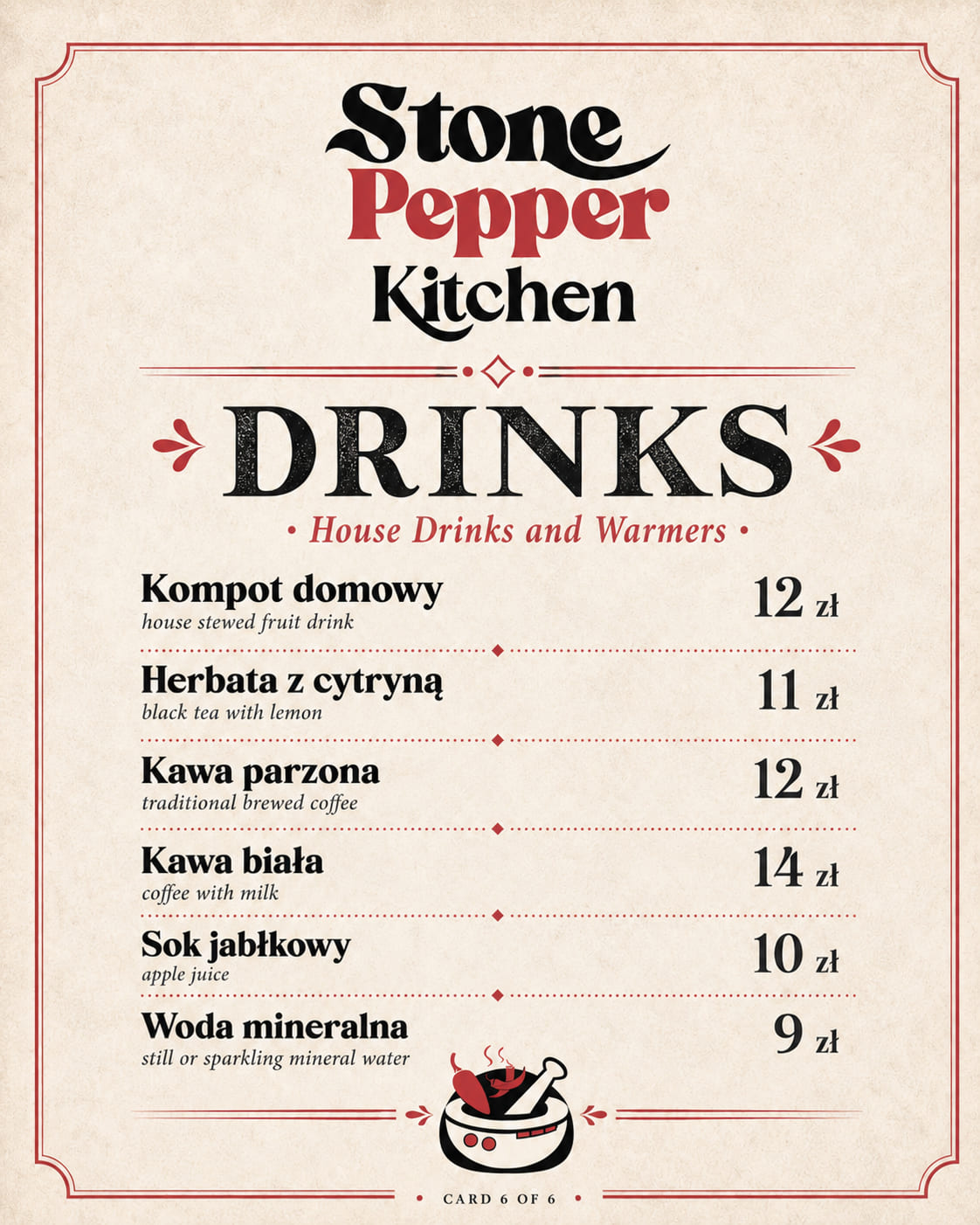 Karta napojów Stone Pepper Kitchen