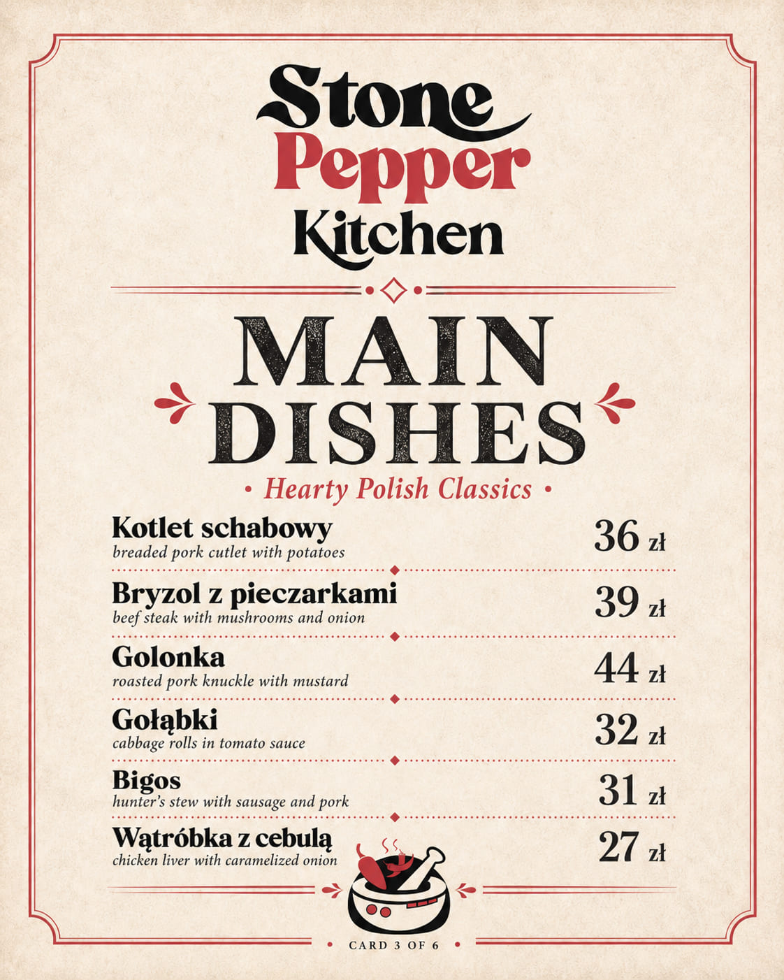 Karta dań głównych Stone Pepper Kitchen