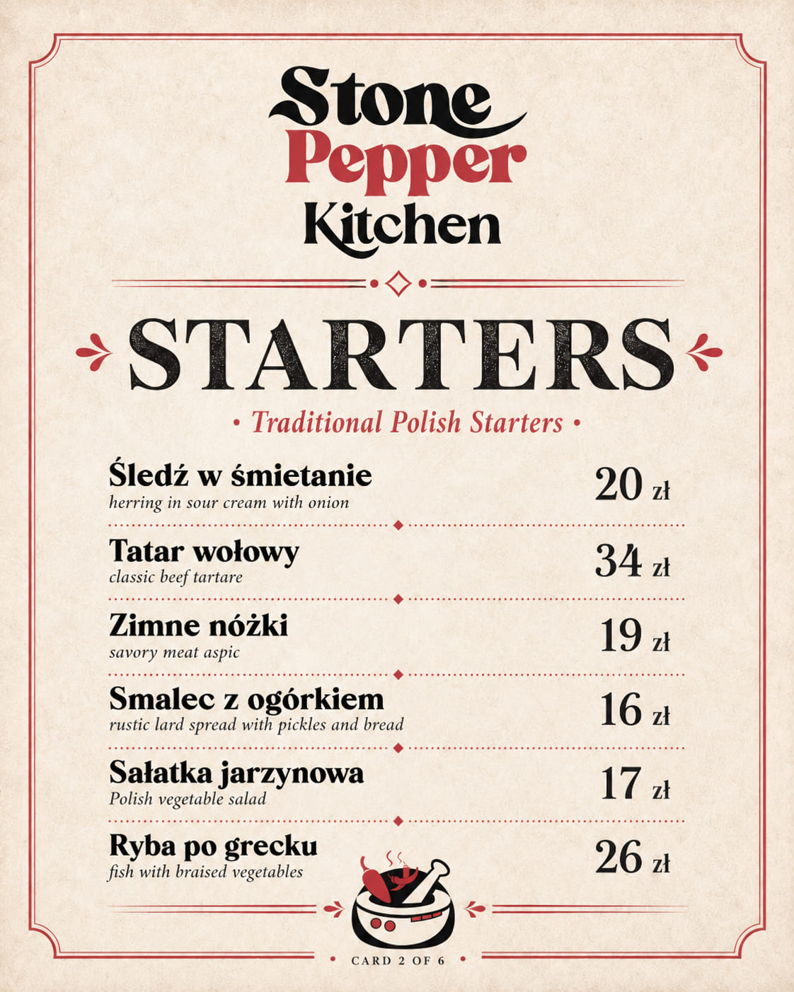 Karta przystawek Stone Pepper Kitchen