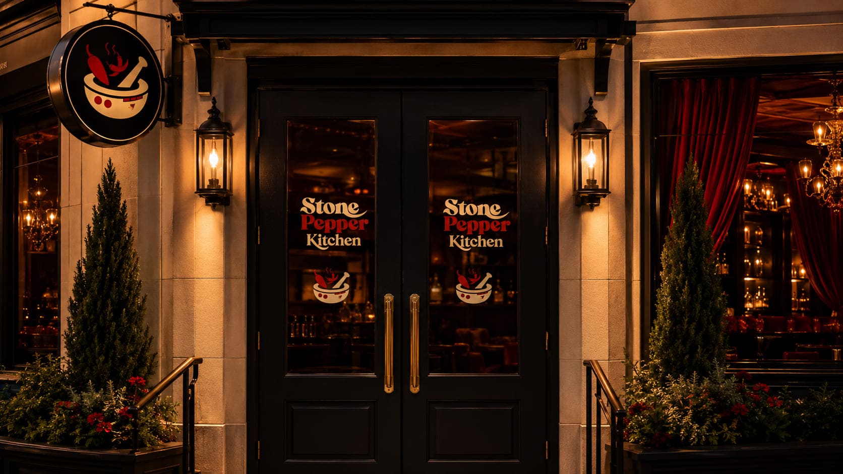 Frontowe wejście do Stone Pepper Kitchen z podwójnymi drzwiami