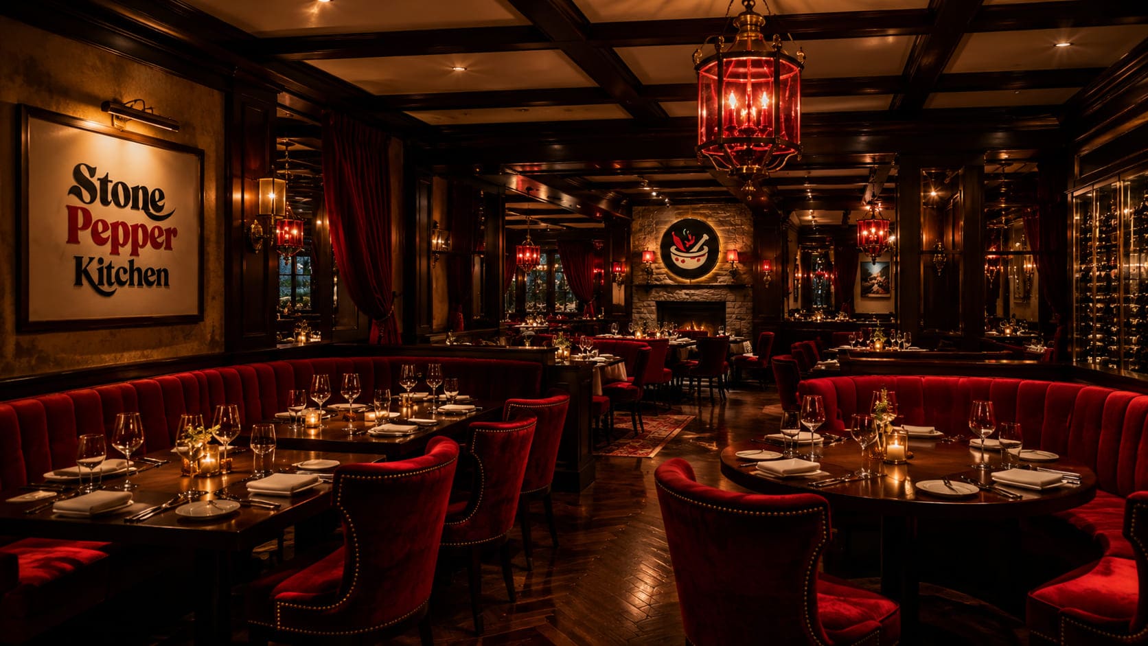 Czerwona sala restauracyjna Stone Pepper Kitchen z kominkiem